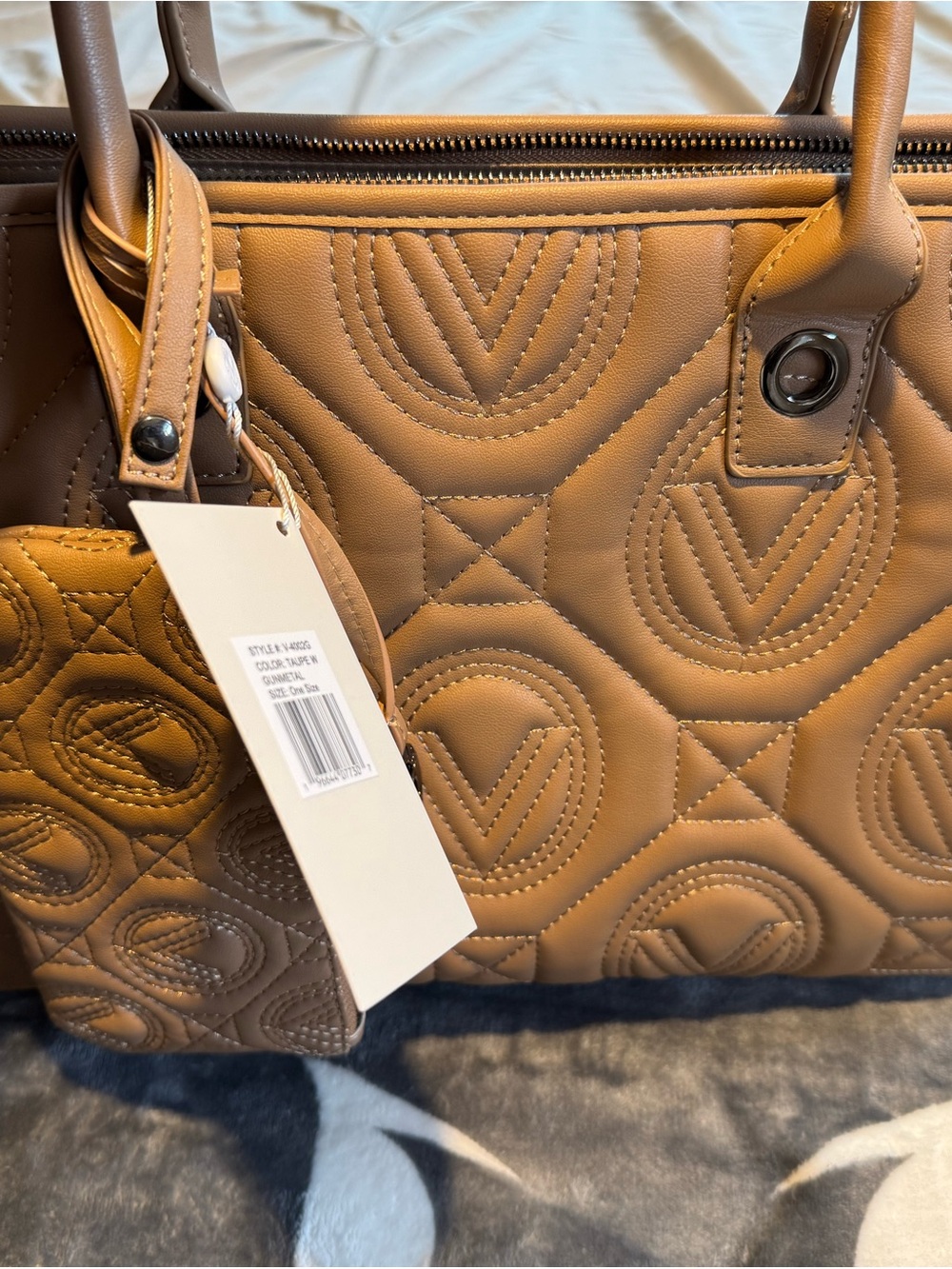 Valentino Orlandi Quilted Logo Tote in Camel